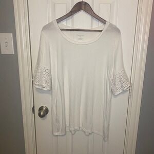 Talbots Top Plus Womens 1X White Eyelet Lace Sleeve Scoop Neck Cotton Modal Boho